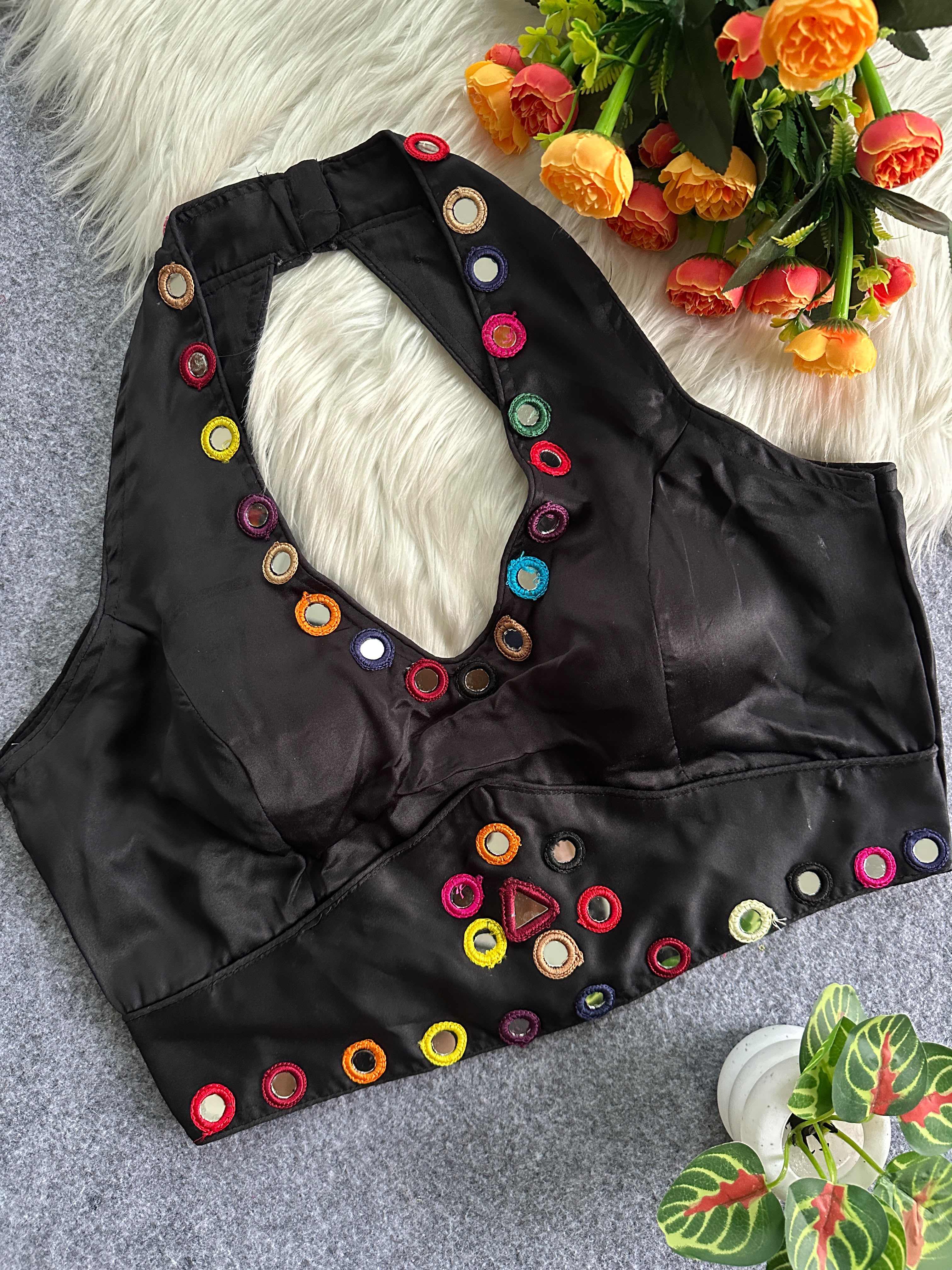 Navratri Satin Silk Multicolour Mirror Work Designer Blouse – Free Size 38–42