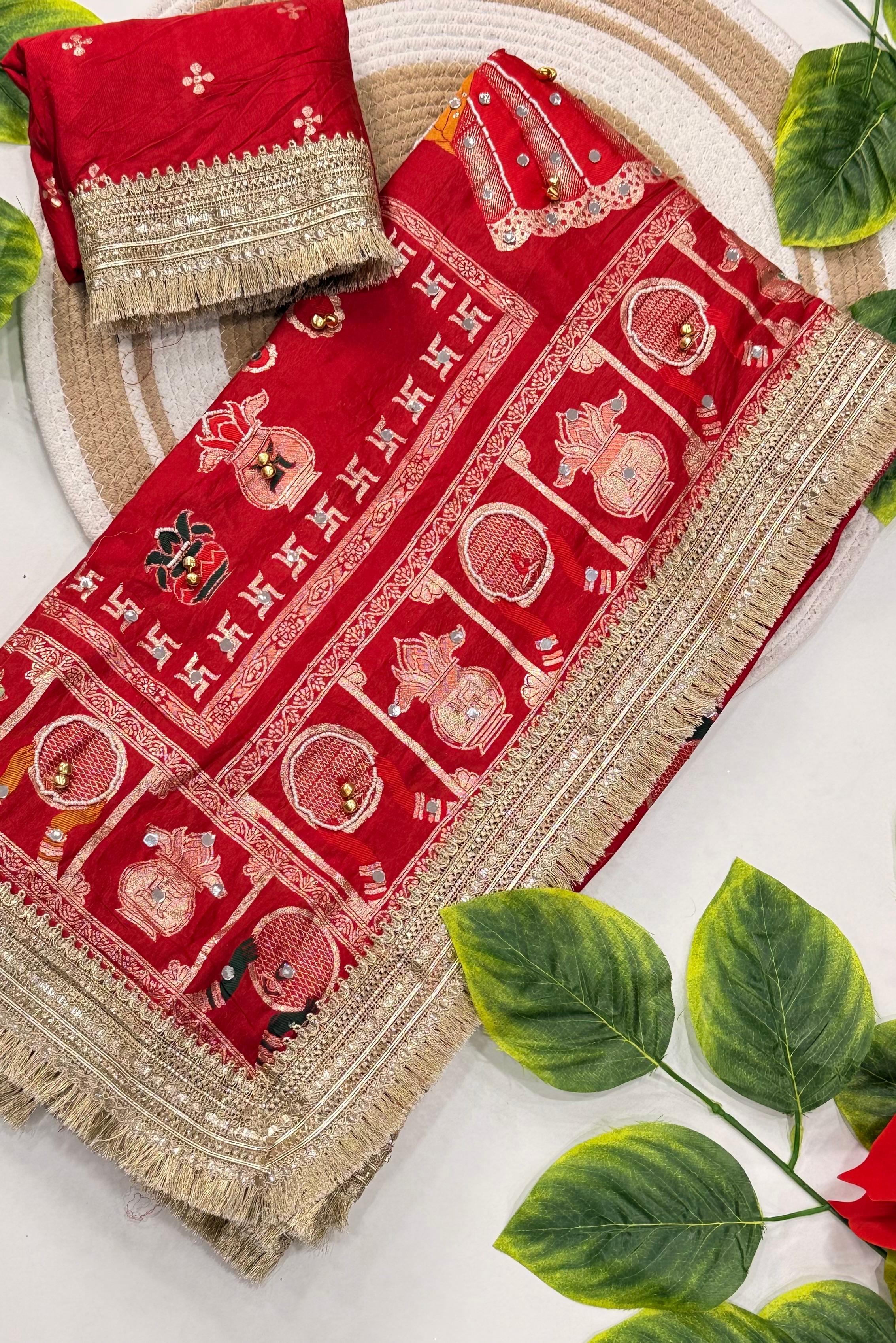 Karva Chauth Special Heavy Pure Silk Saree with Mirror, Ghungroo & Sequins Work with Stitched Blouse