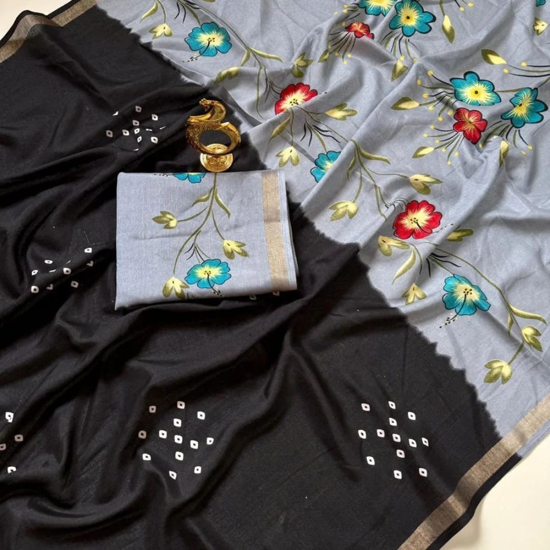 Women's Premium Mulmul Printed Saree with Floral Print Design & Running Blouse