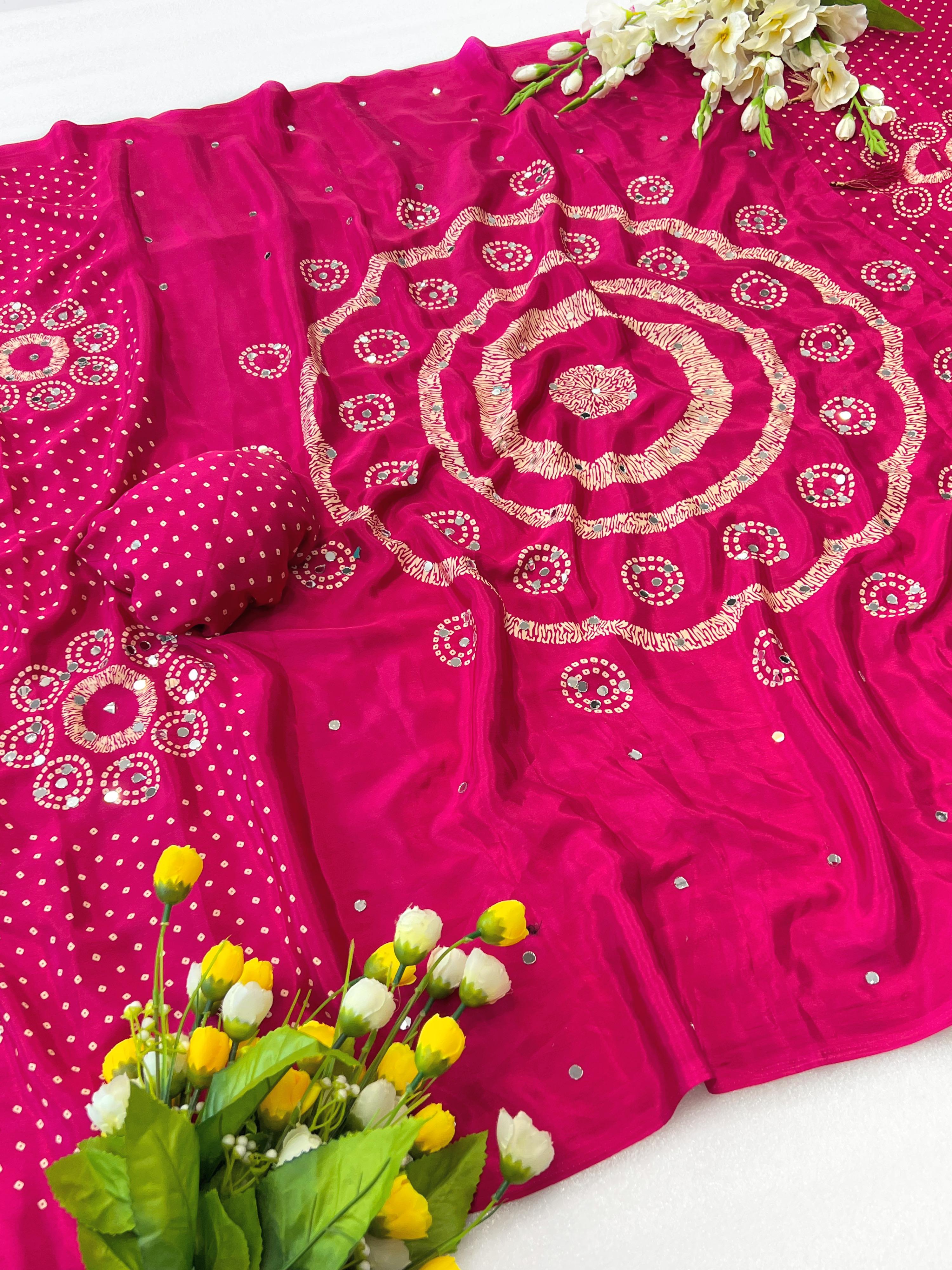 Premium Moss Satin Ajrakh Saree with 2,500 Mirror Work & Matching Blouse