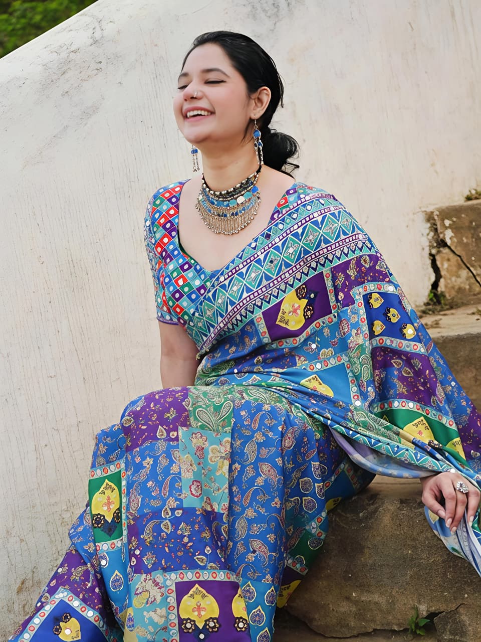 Chamkila Blue Premium Crepe Silk Saree with Rajgharana Culture Digital Print & Mirror Work | Designer Party Wear Saree