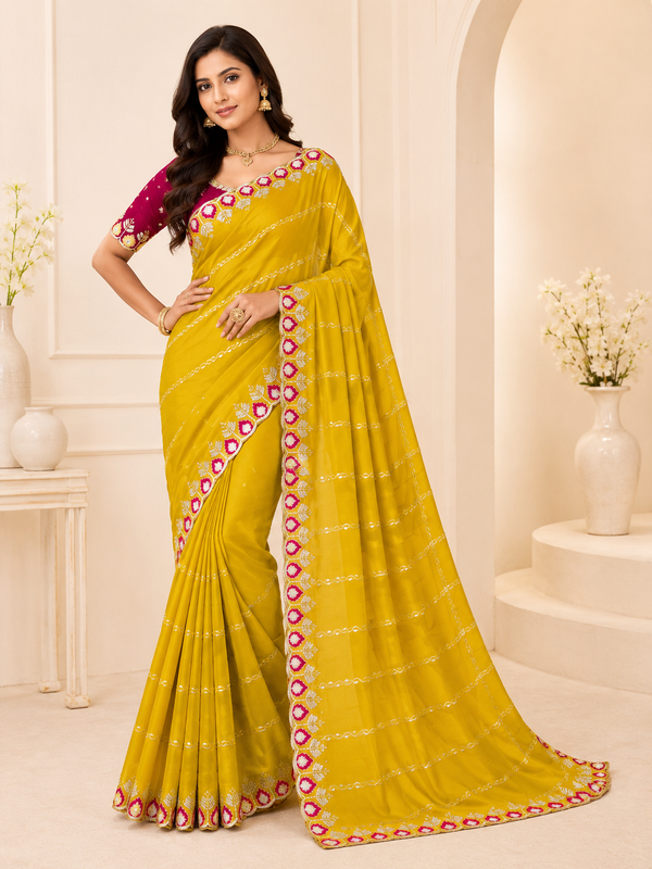 Jhanvi Collection – Premium Star Georgette Saree with Embroidered Border & Contrast Blouse
