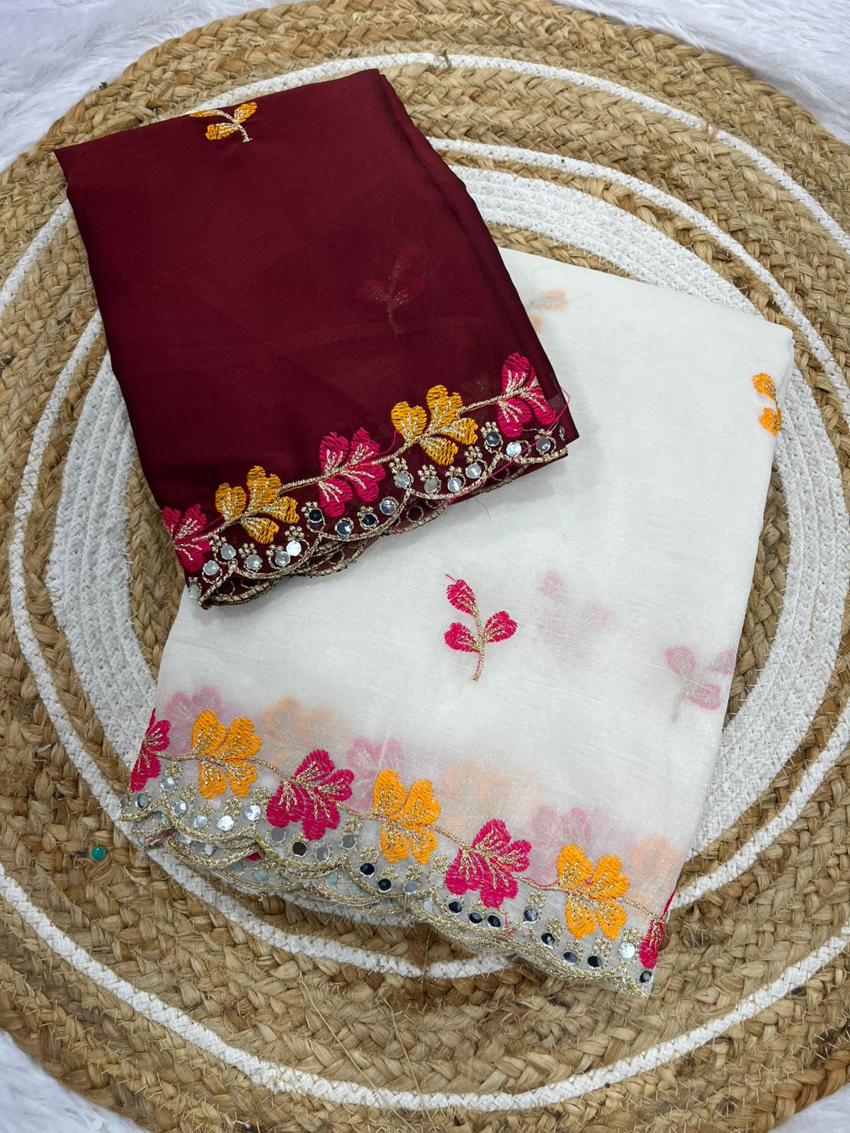 Premium Crunchy Chiffon Embroidered Mirror Work Party Wear Saree