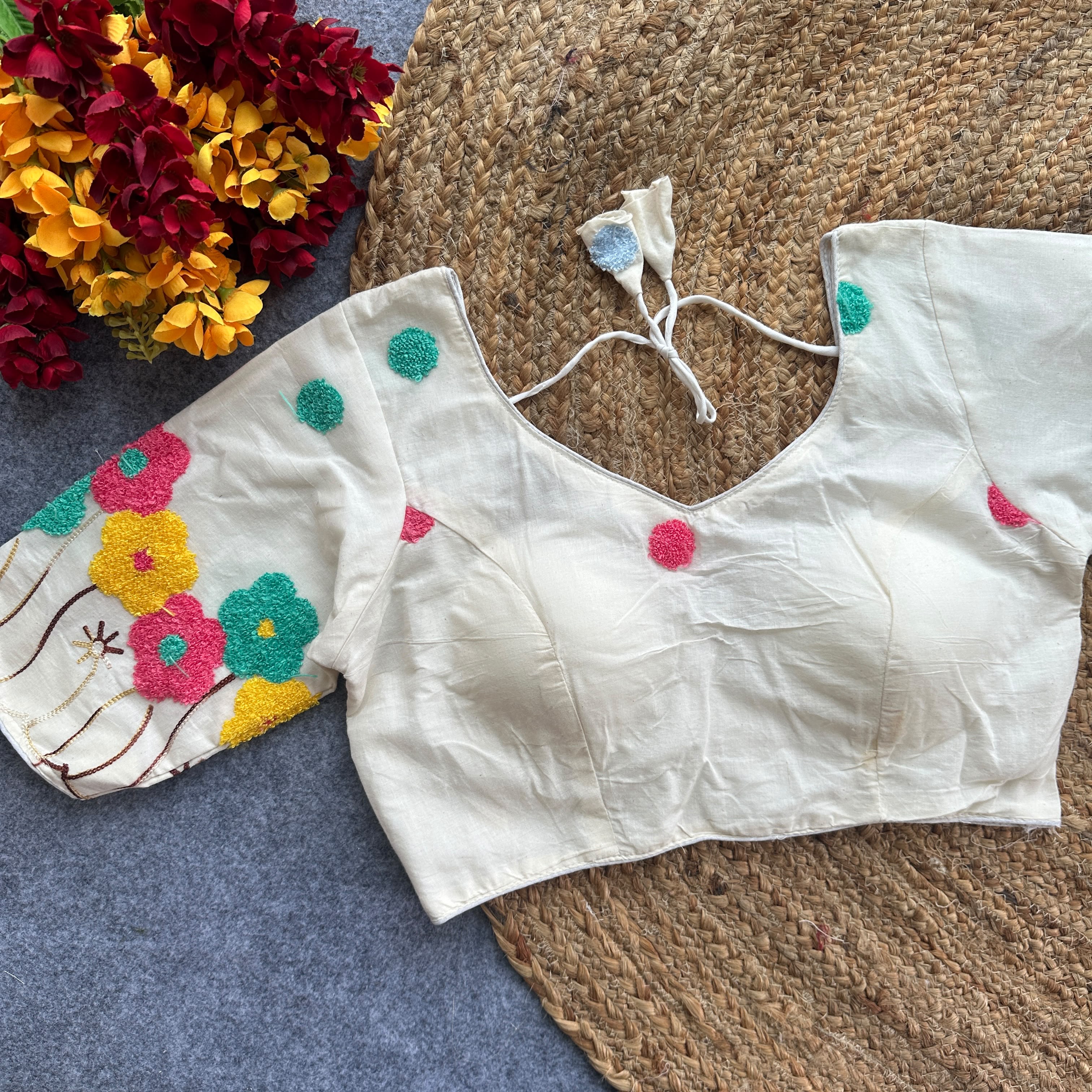 Pure Khadi Cotton Embroidered Partywear Blouse – Heavy Padded | Back Open | 38–42