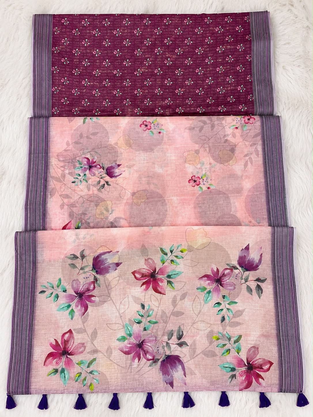 Women's Linen Silver Patta Printed Saree with Tassels