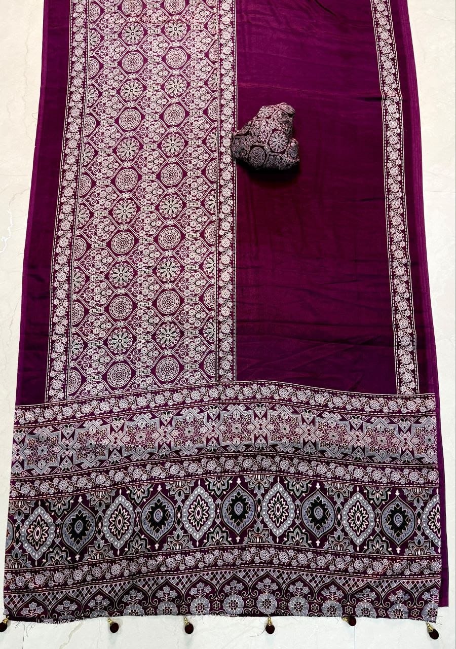 Premium Ajrakh Printed Designer Saree with Traditional Ethnic Border