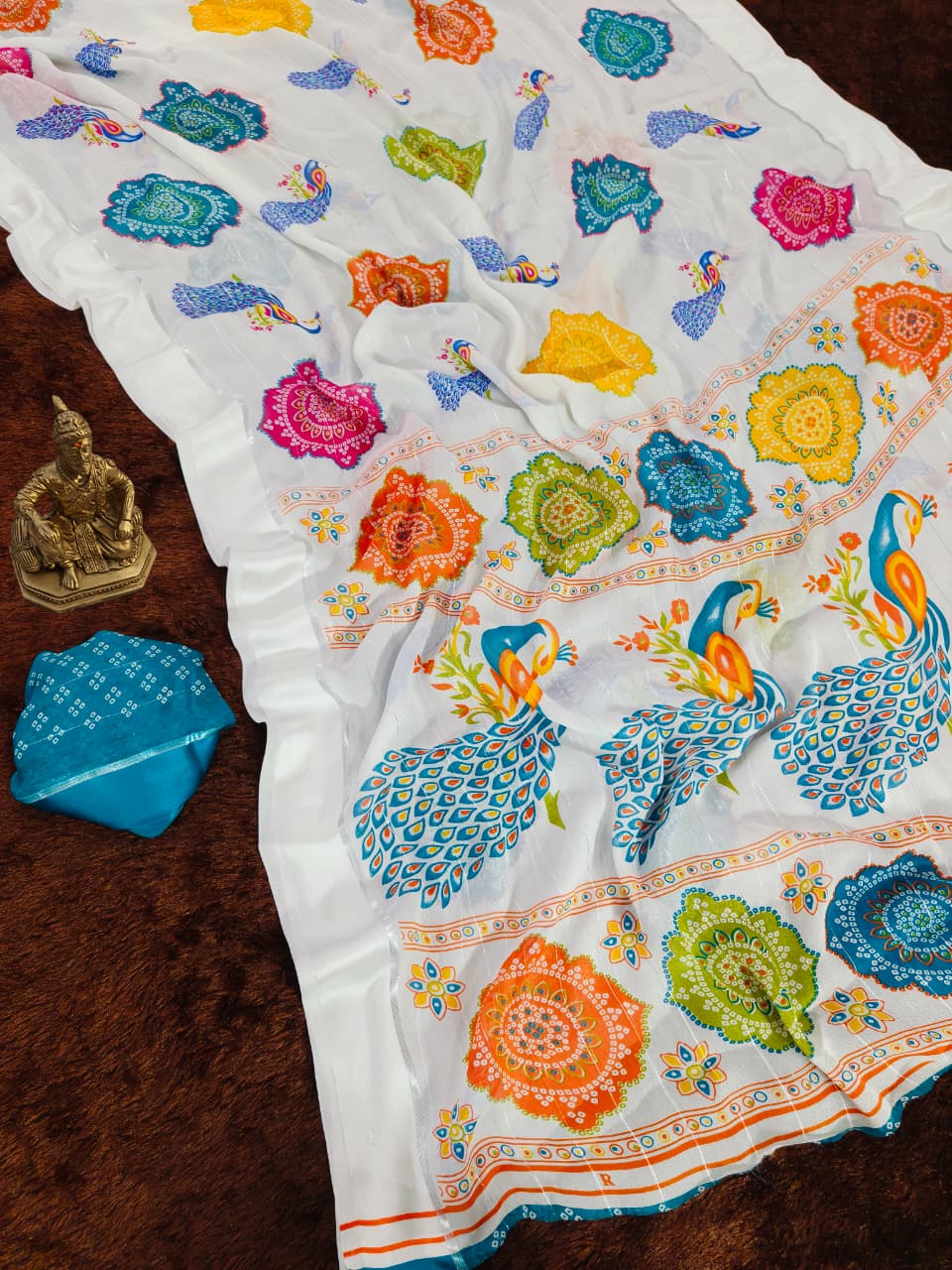 Rajwadi Mor Masakali Blooming Georgette Saree with Bandhej Print & Zari Weave