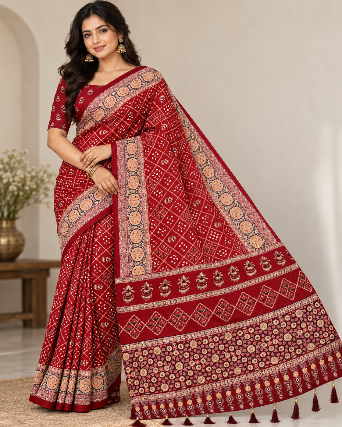 Premium Ajrakh Designer Crepe Silk Saree with Multi-Pattern Border & Tassel Work