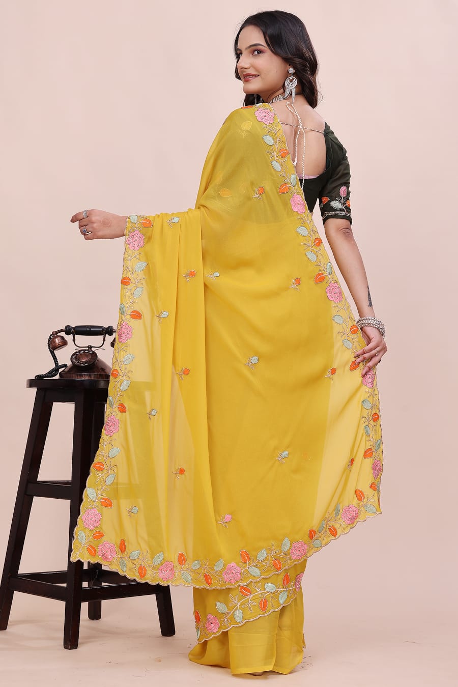 Rose Petal Embroidered Star Georgette Saree with Beads Work Border