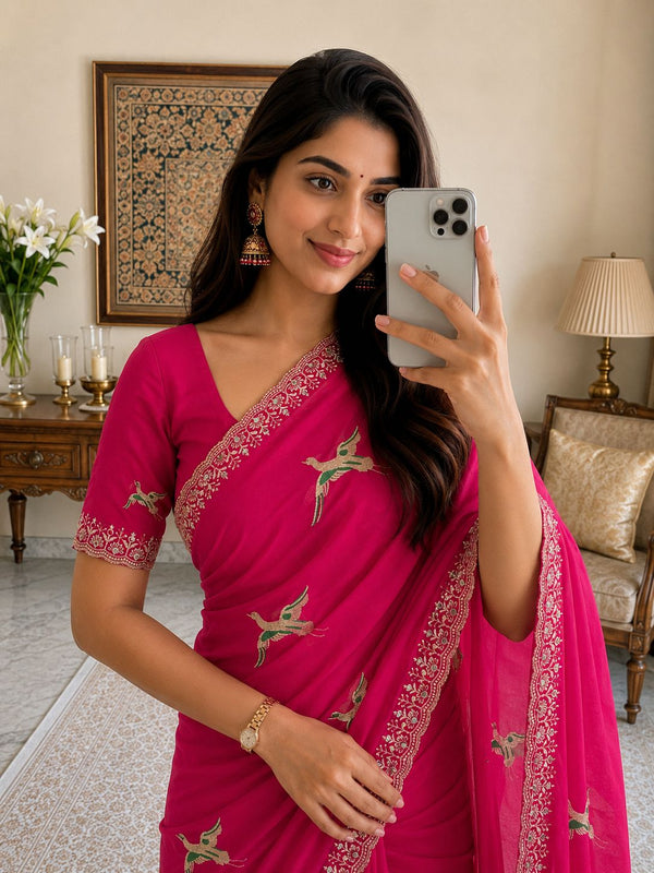 Premium Embroidery & Mirror Work Saree with Designer Blouse