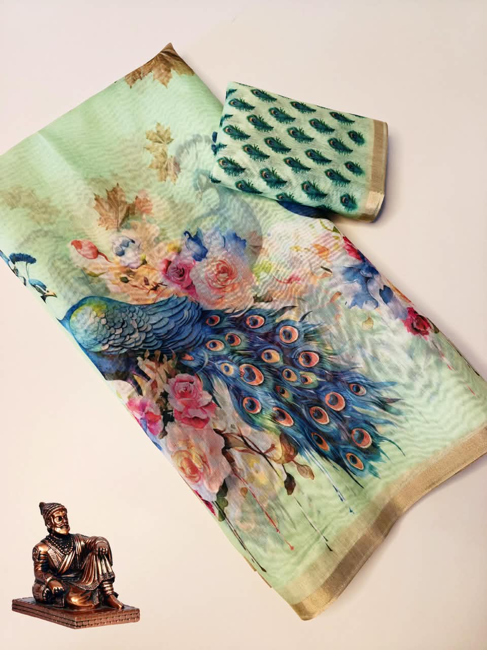 Premium Slub Cotton Saree with Peacock Digital Print, Golden Zari Border & Matching Blouse Piece
