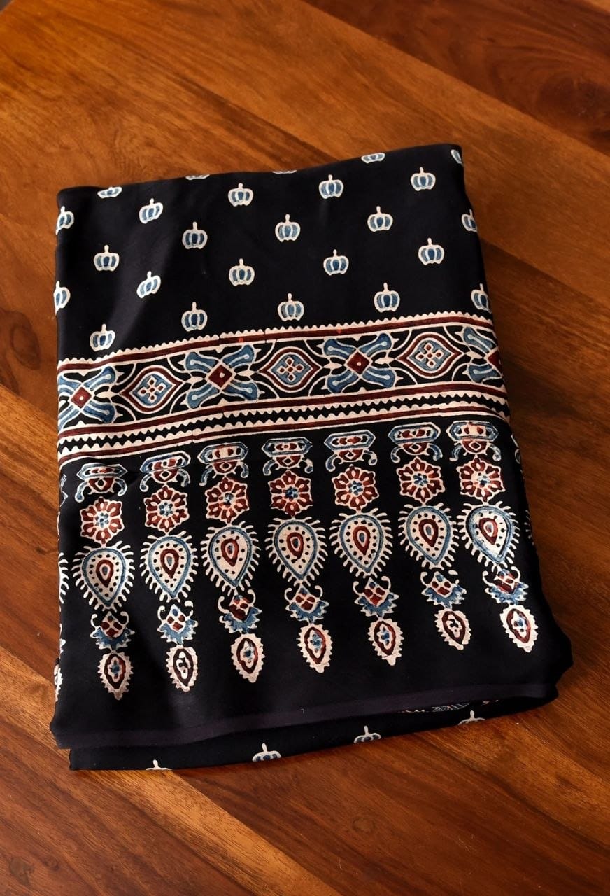 Premium Ajrakh Gajji Crepe Silk Saree with Traditional Ethnic Print & Blouse