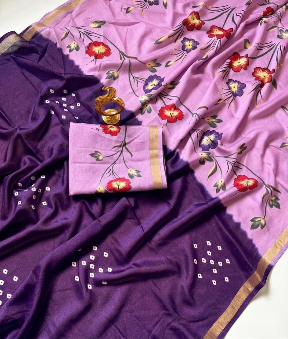 Women's Premium Mulmul Printed Saree with Floral Print Design & Running Blouse