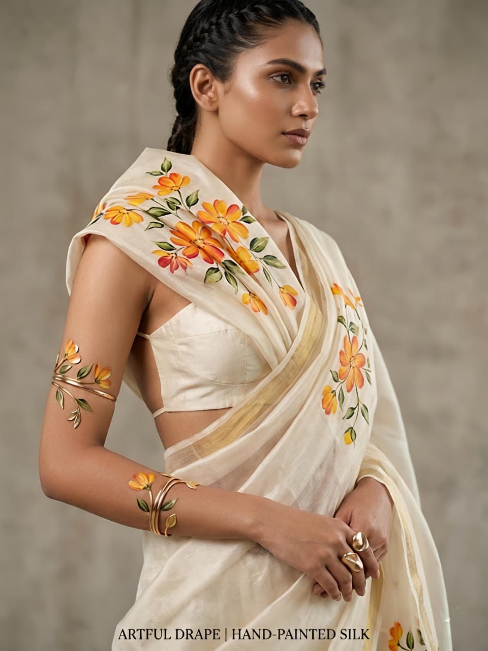 Sun Flower Masakali Blooming Saree with Floral Print & Gola Zari Border