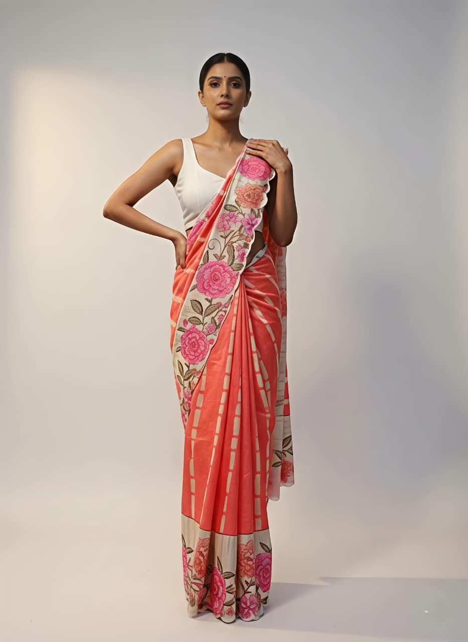 Heavy Handloom Tussar Silk Saree with Floral Digital Print & Arco Cutwork Border