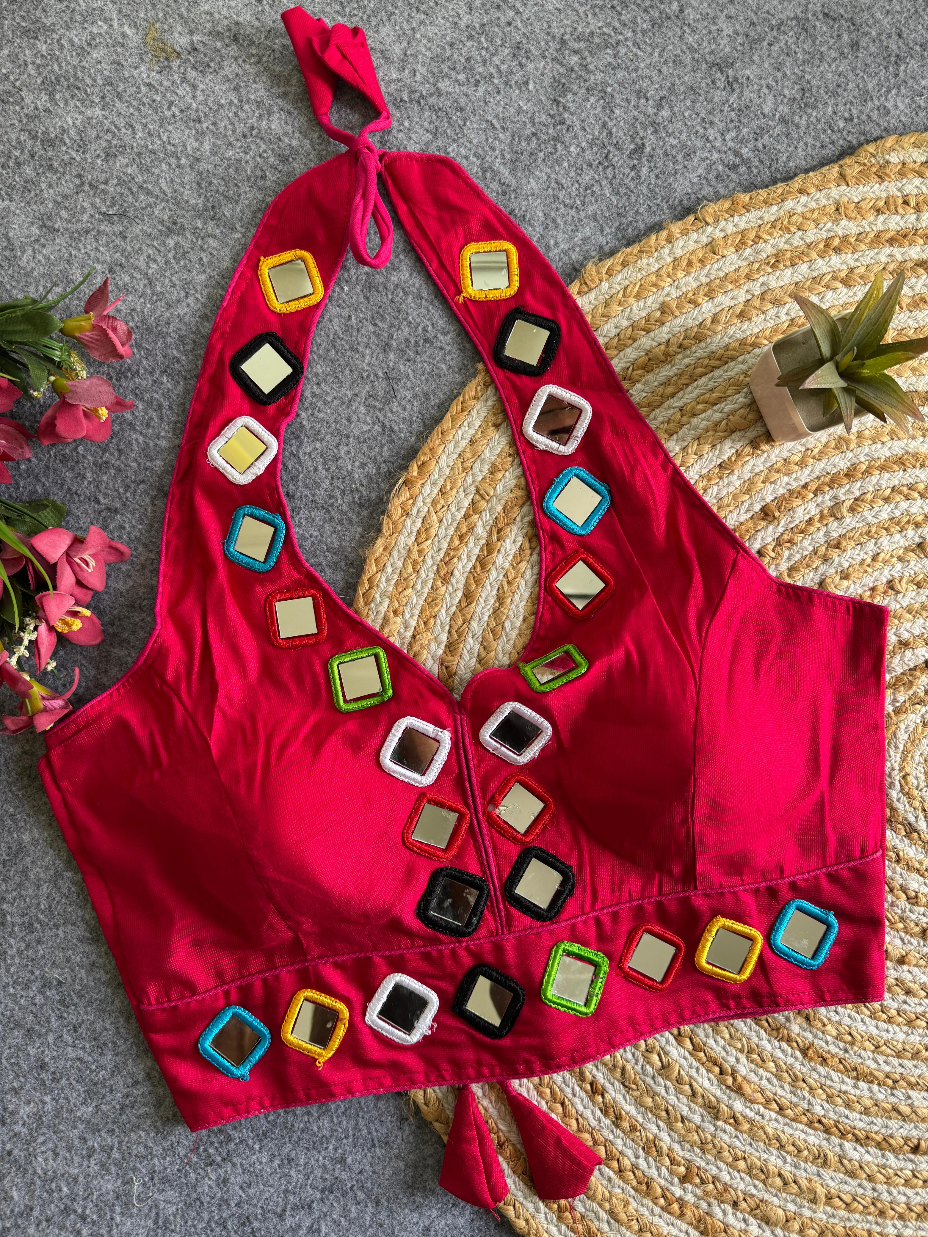 Navratri 06 Satin Silk Multicolour Mirror Work Designer Blouse – Free Size 38–42