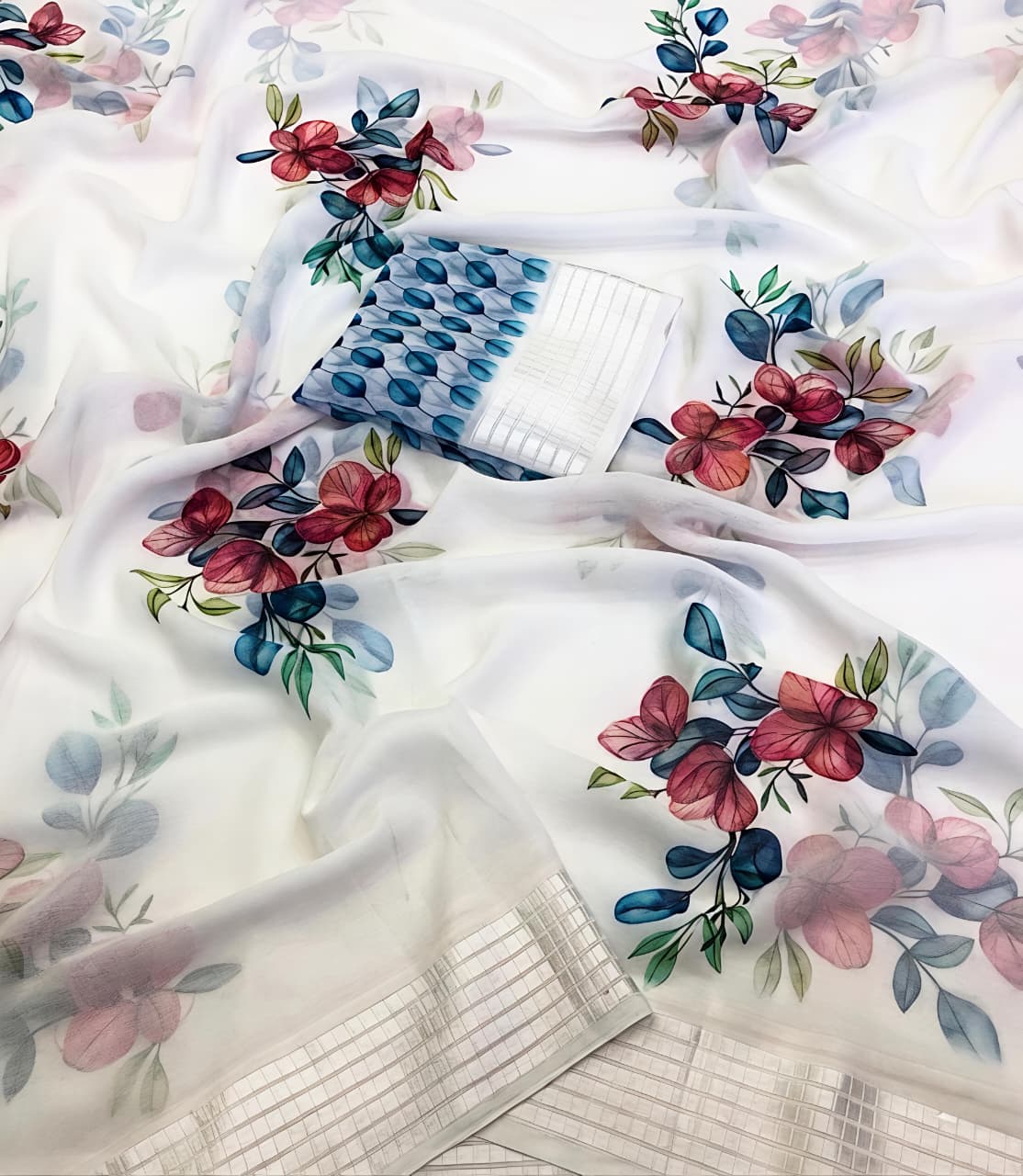 White House Premium Georgette Chiffon Floral Digital Print Saree with Weaving Border & Printed Blouse