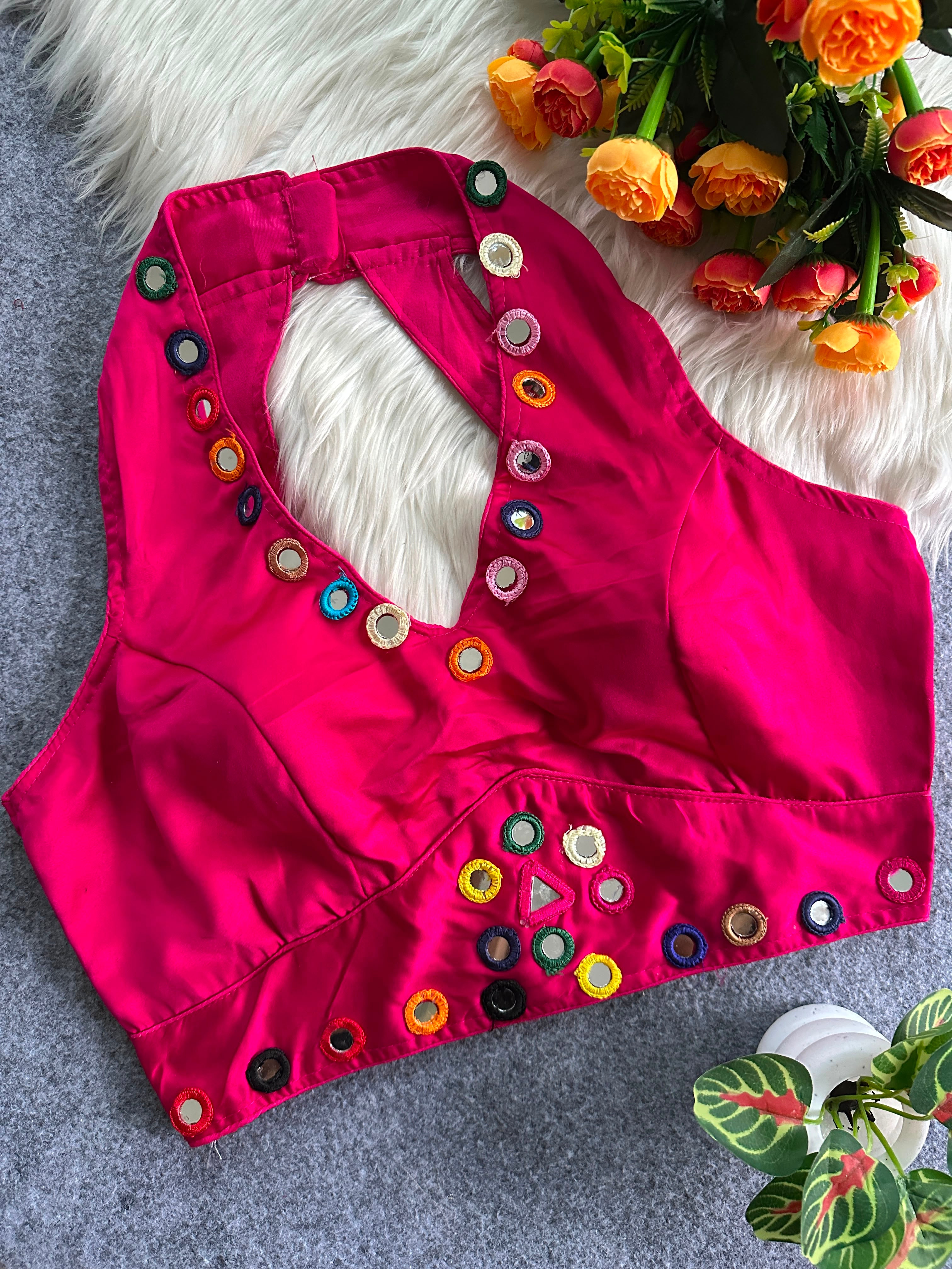 Navratri Satin Silk Multicolour Mirror Work Designer Blouse – Free Size 38–42