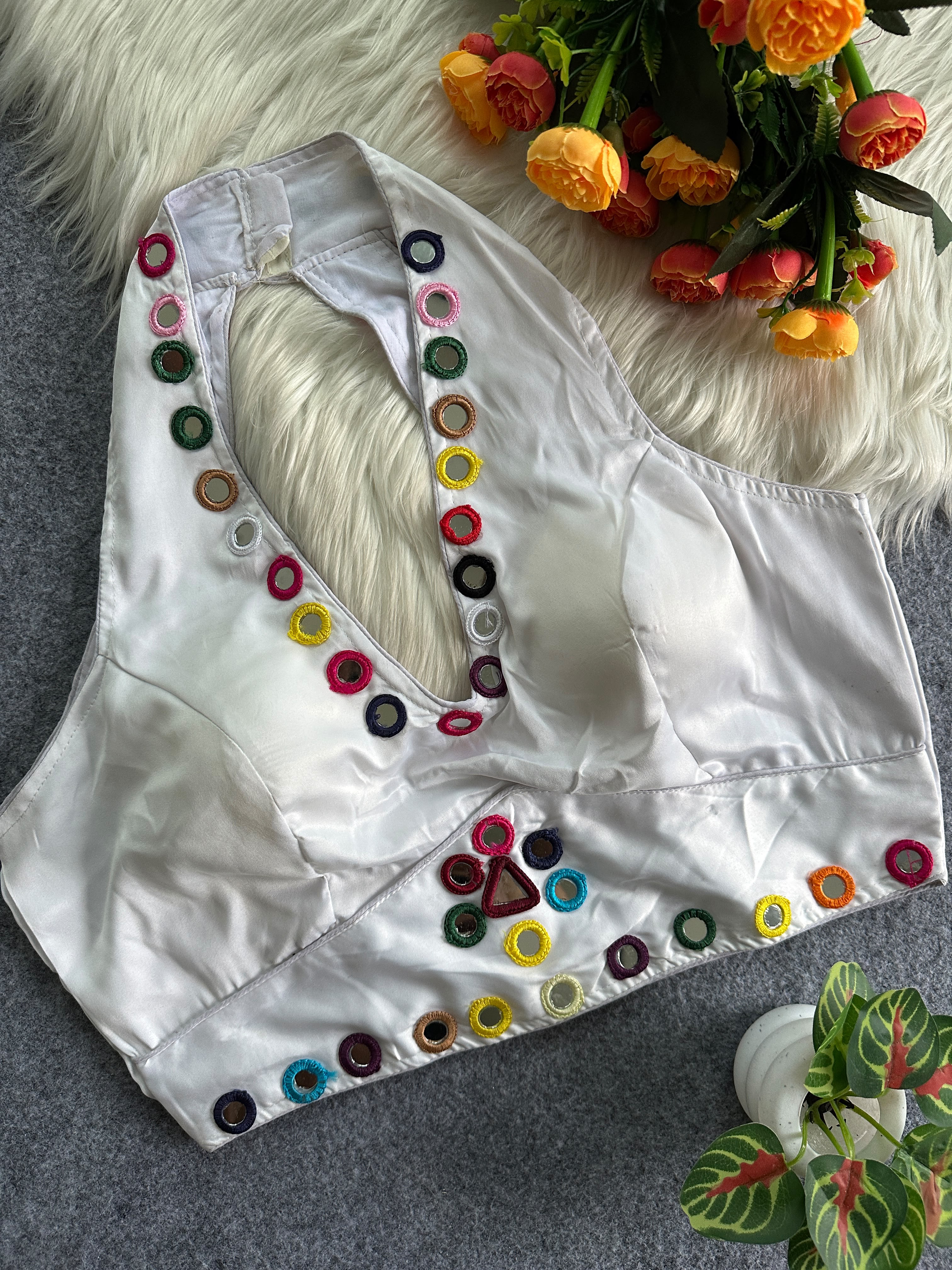 Navratri Satin Silk Multicolour Mirror Work Designer Blouse – Free Size 38–42