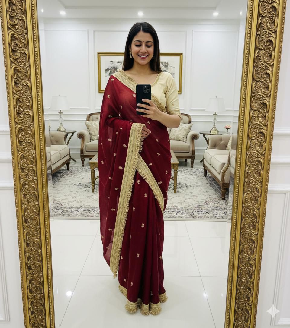 Premium Fendi Fabric Embroidered Party Wear Saree with Heavy Border