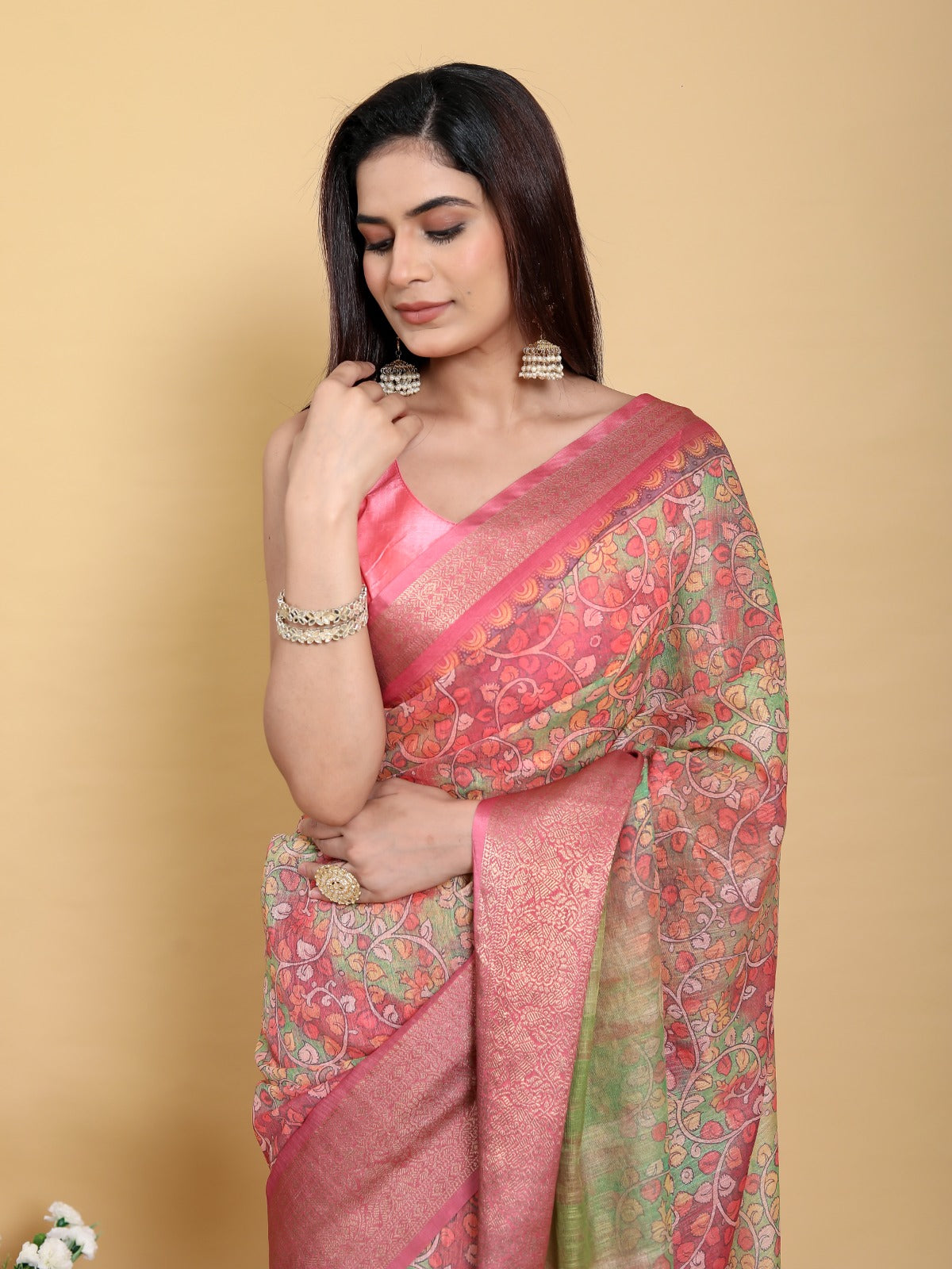 Pink Heritage Heavy Linen Saree with Artistic Floral & Peacock Print