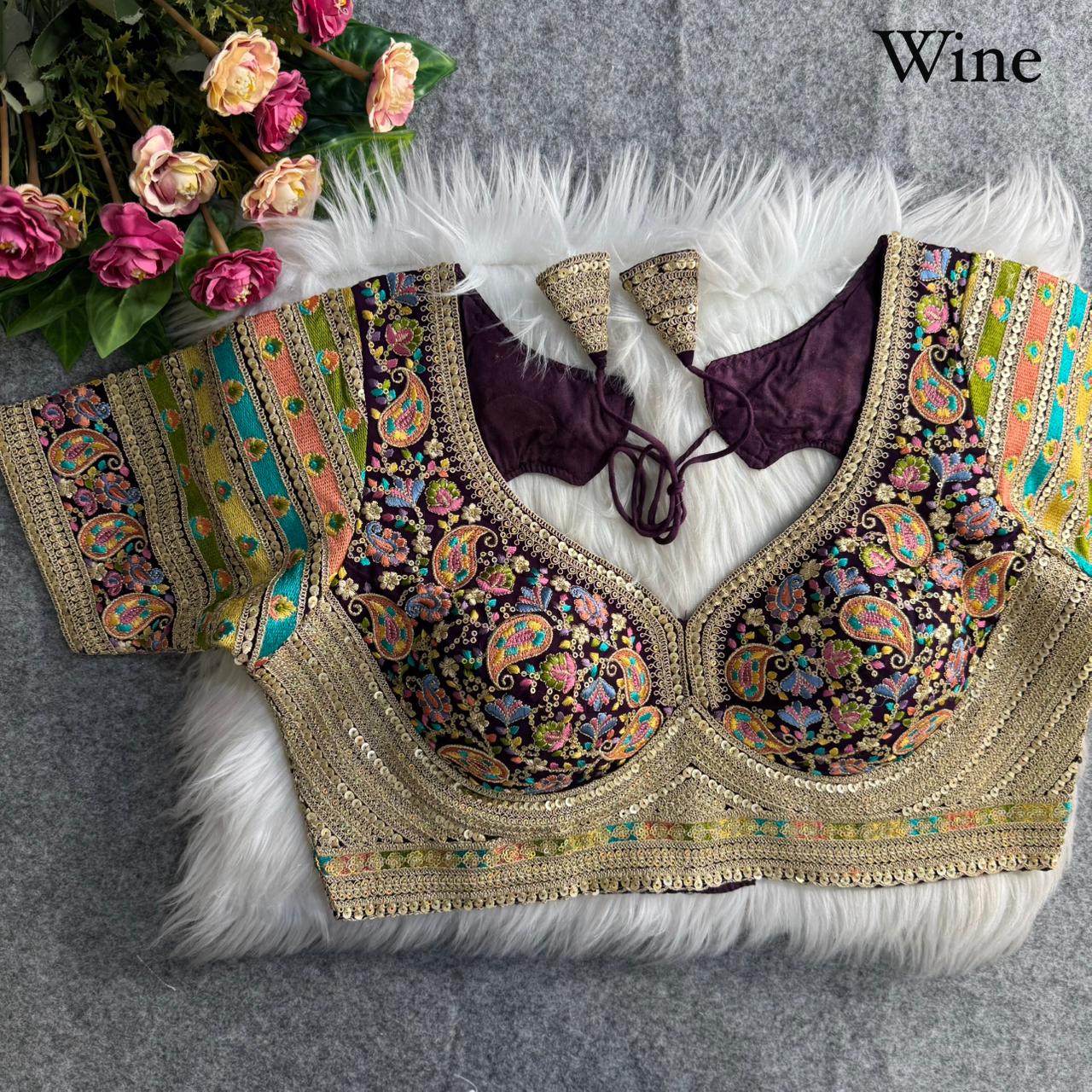 Premium Kashmiri-Inspired Antique Thread Work Blouse – Fox Georgette | Heavy Padded | 38–40