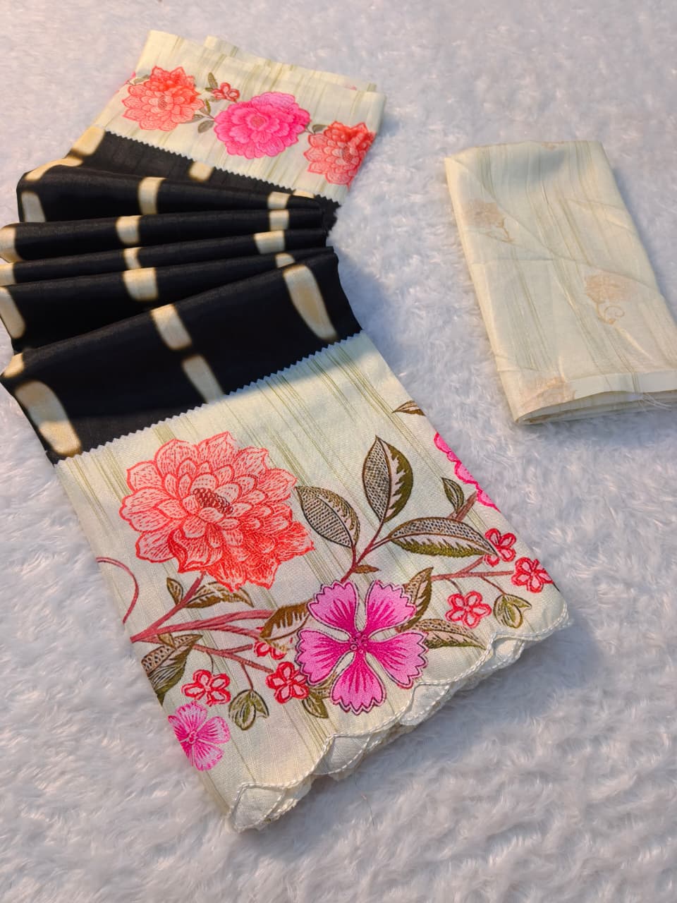 Heavy Handloom Tussar Silk Saree with Floral Digital Print & Arco Cutwork Border