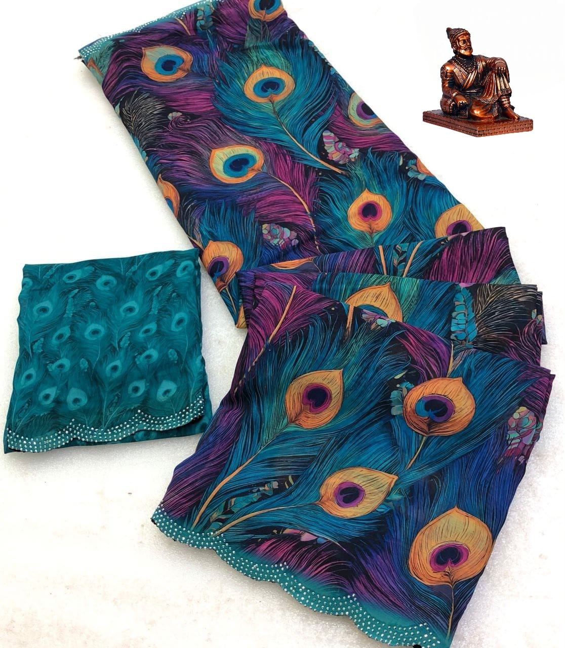 Morpankh Soft Georgette Saree with Peacock Feather Digital Print & Scalloped Stone Border