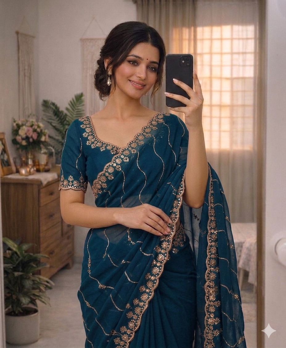 Royal Noor Star Georgette Saree with Multi Embroidered Sequins Work | Designer Party Wear Saree