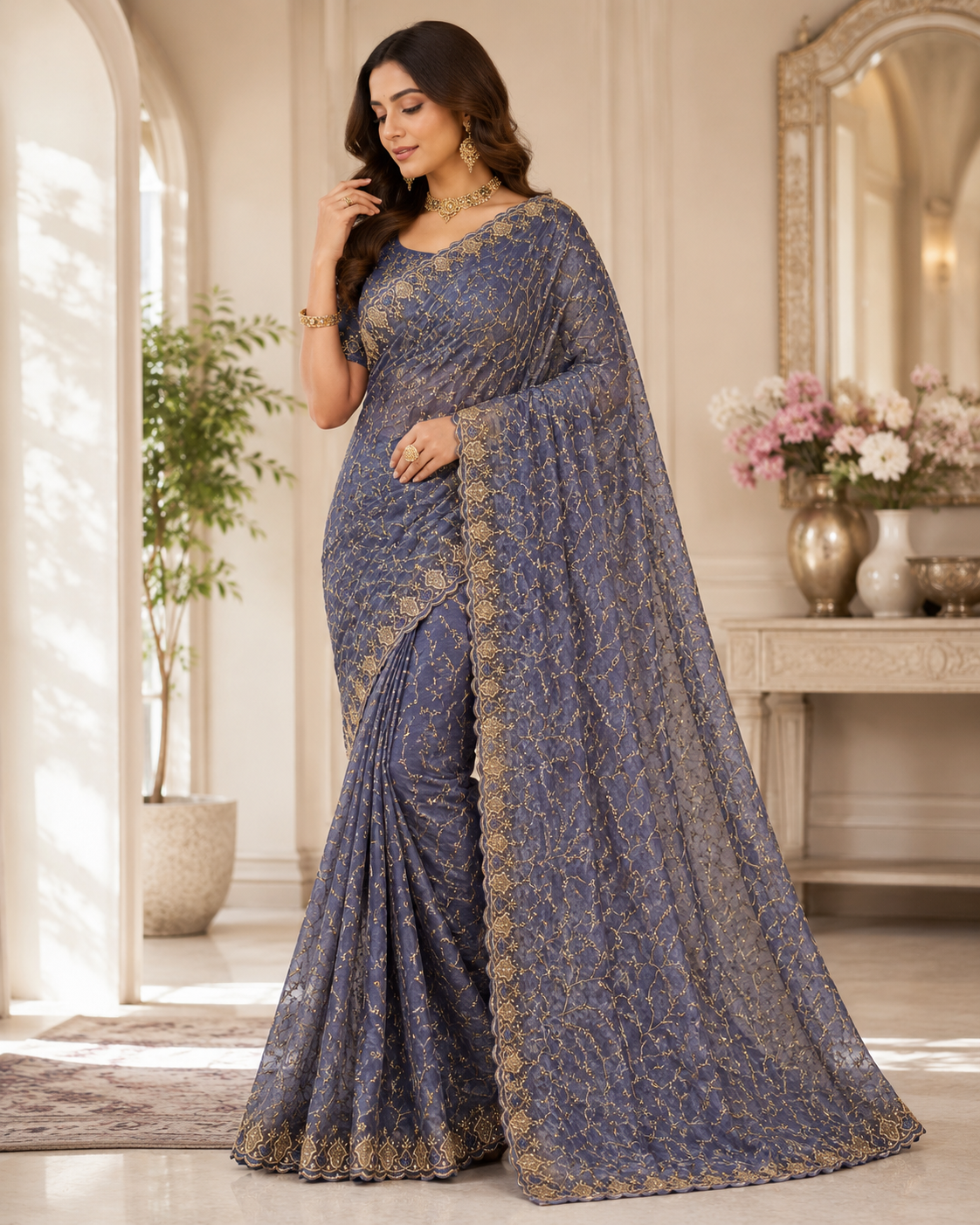 Premium Twill Net Embroidered Saree with Designer Blouse | Wedding & Party Wear Collection