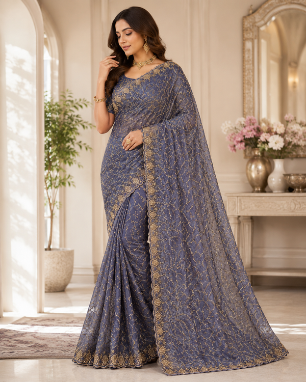 Premium Twill Net Embroidered Saree with Designer Blouse | Wedding & Party Wear Collection