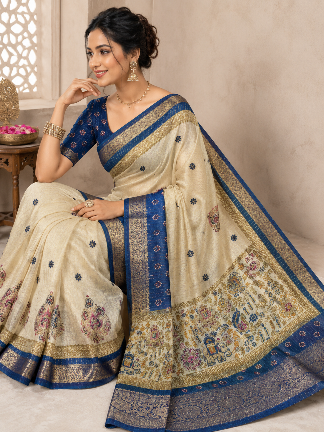 Women's Blue Dola Zari Saree with Elephant Motif, Traditional Woven Pallu & Unstitched Blouse
