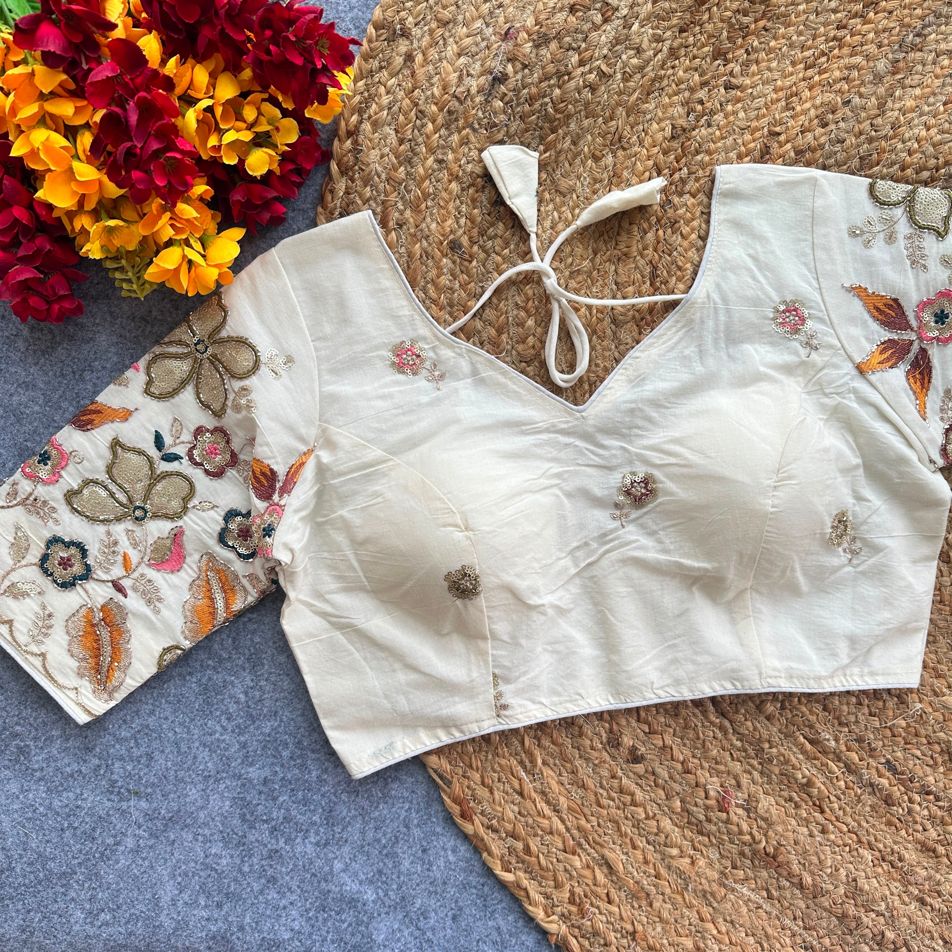 Pure Khadi Cotton Embroidered Partywear Blouse – Heavy Padded | Back Open | 38–42