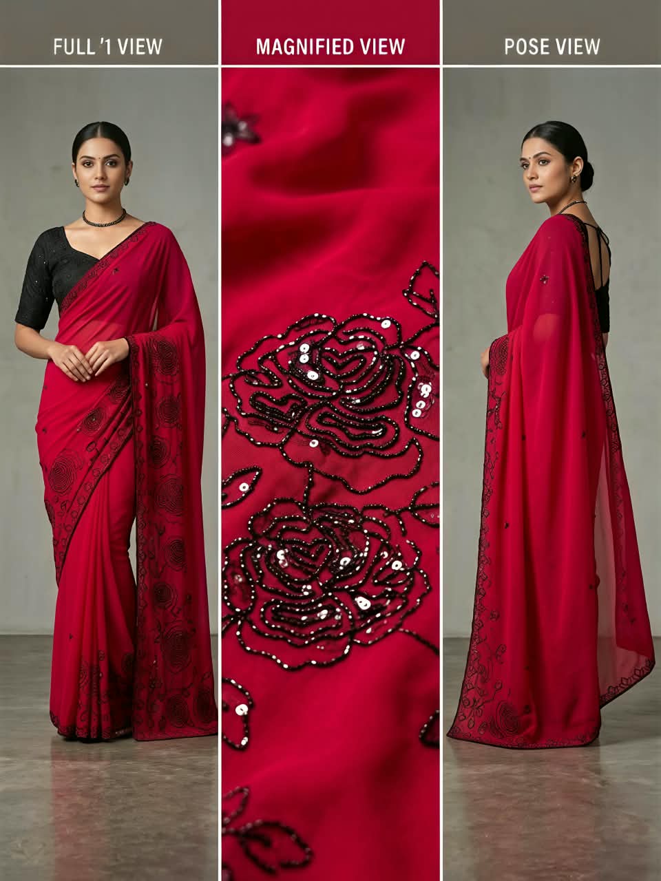 Premium Star Georgette Saree with Black Sequin & Thread Embroidery and Matching Blouse