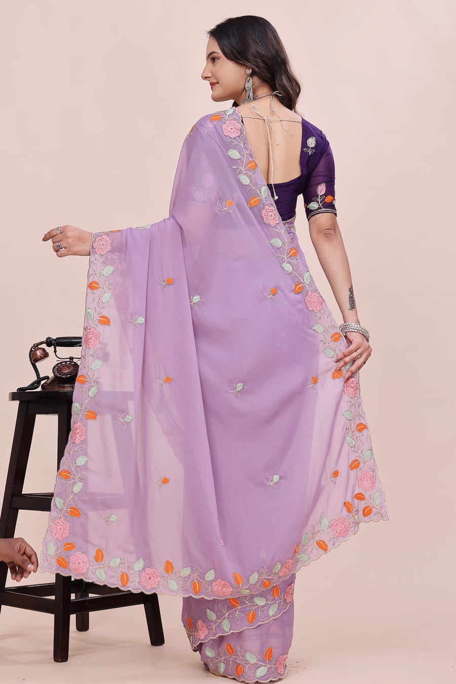 Rose Petal Embroidered Star Georgette Saree with Beads Work Border