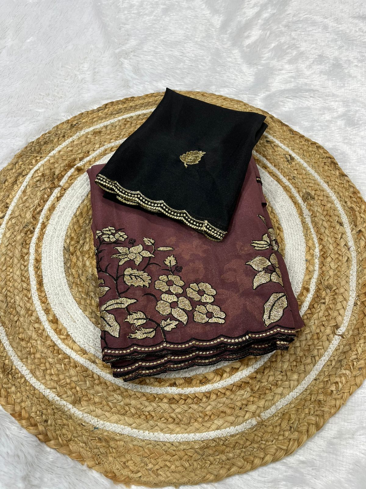 Women's Premium Star Galaxy Embroidered Saree with Designer Black Blouse