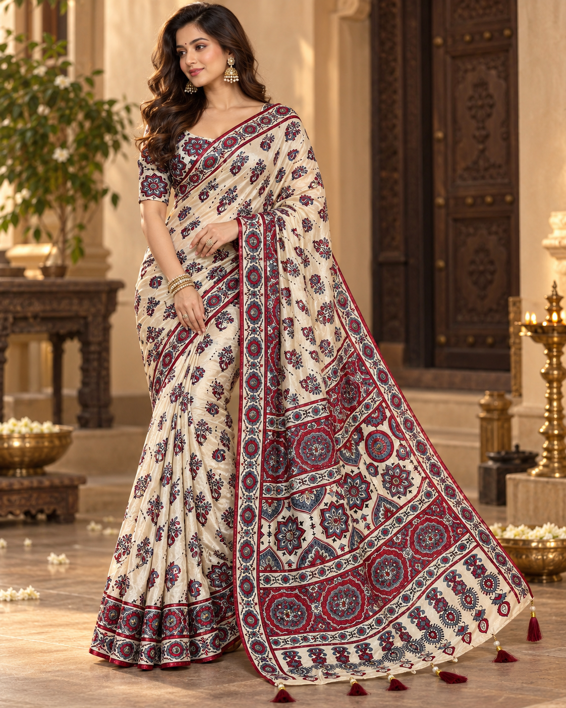Premium Crepe Silk Saree with Ghughari Work, Floral Print & Tassel Detailing