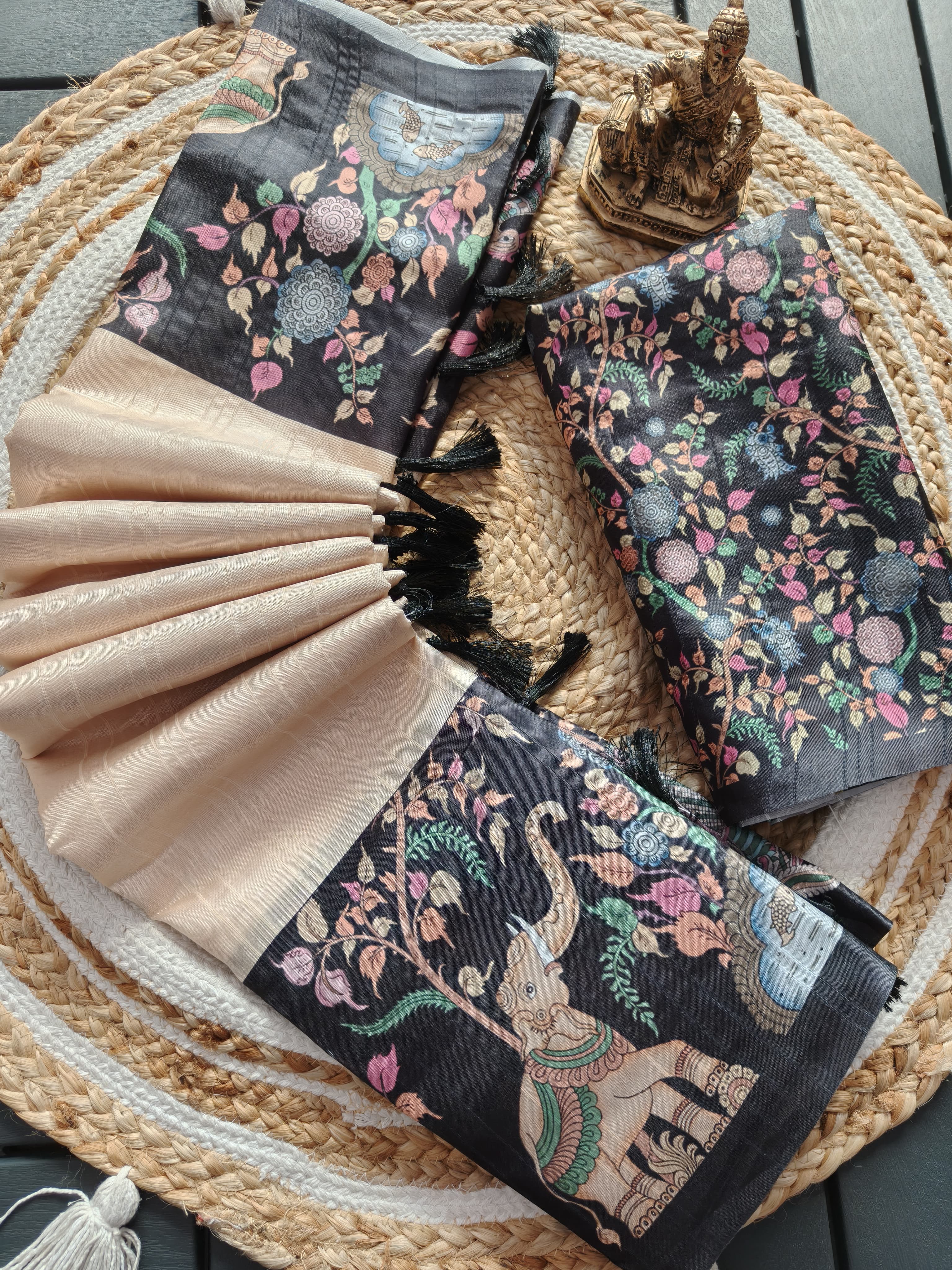 Laxmi Hathi Gajraj Handloom Tussar Silk Saree with Printed Blouse & Tassel Pallu