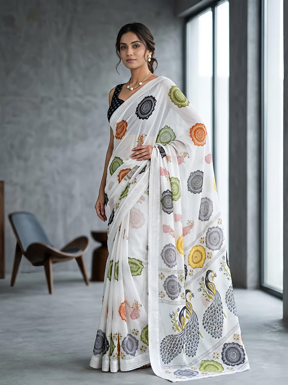 Rajwadi Mor Masakali Blooming Georgette Saree with Bandhej Print & Zari Weave