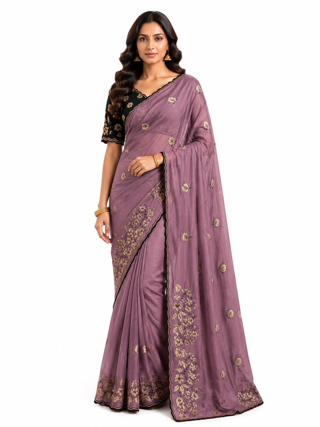 Women's Premium Star Galaxy Embroidered Saree with Designer Black Blouse