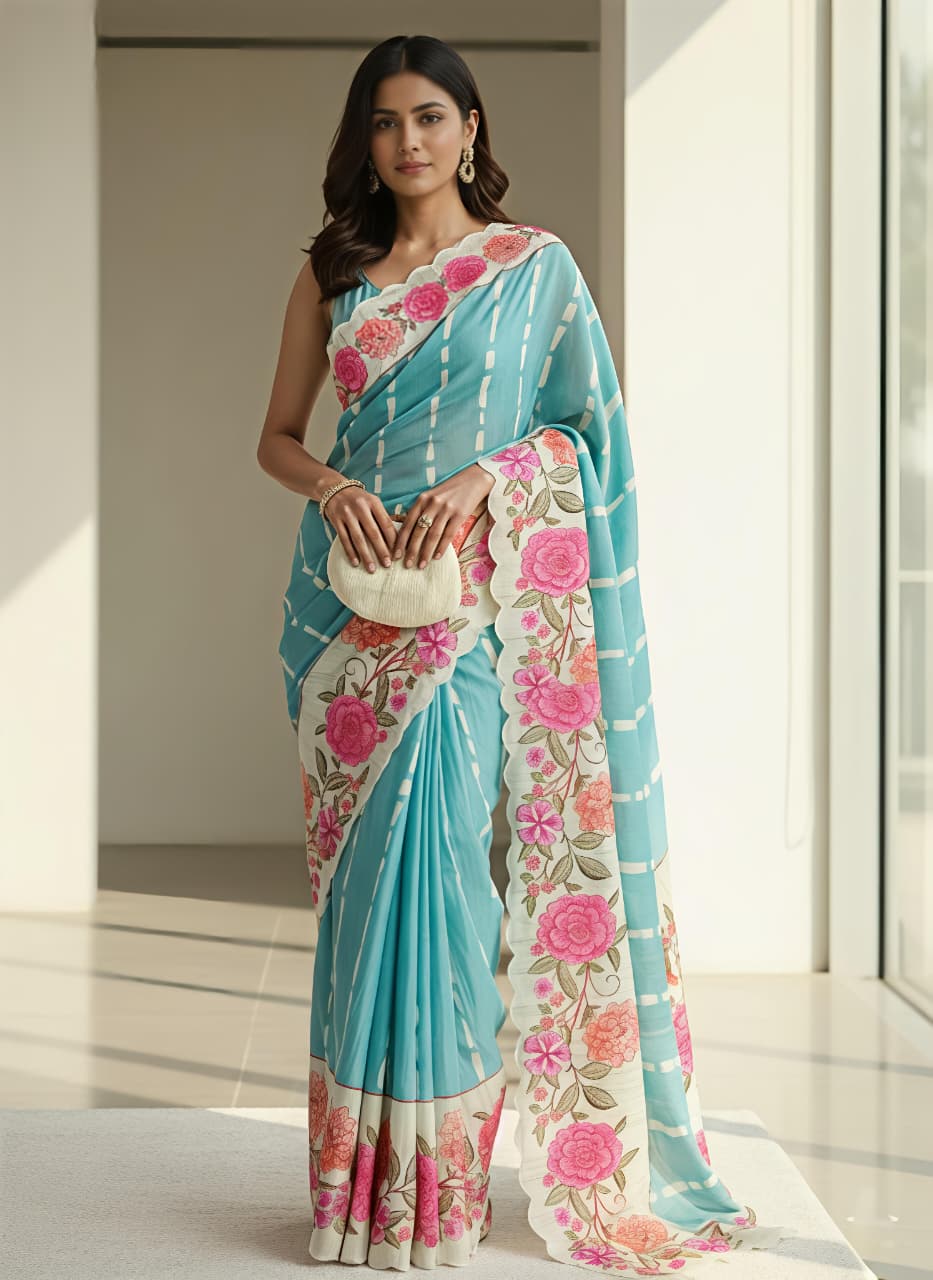 Heavy Handloom Tussar Silk Saree with Floral Digital Print & Arco Cutwork Border
