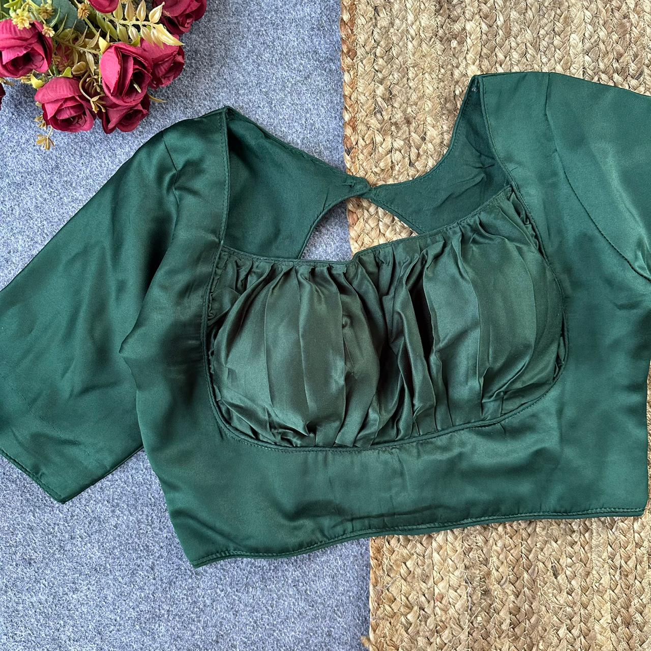 Pure Malai Satin Gathered Designer Blouse – Padded with Elastic Back | Free Size 38–42