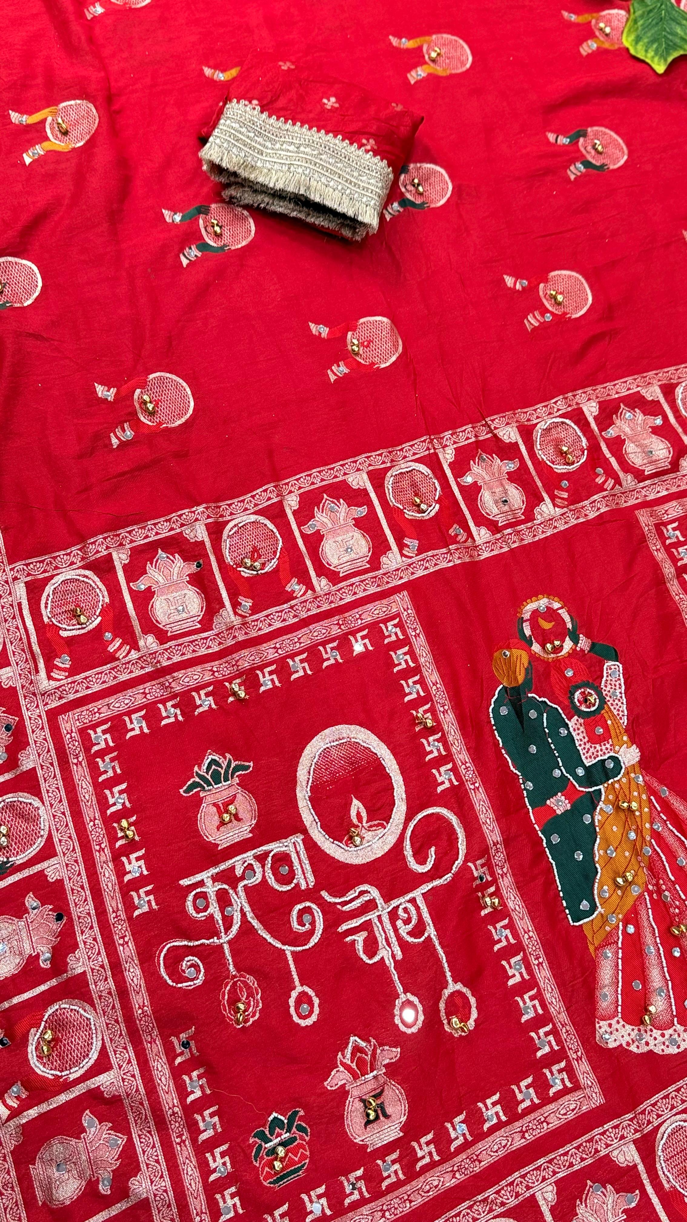 Karva Chauth Special Heavy Pure Silk Saree with Mirror, Ghungroo & Sequins Work with Stitched Blouse
