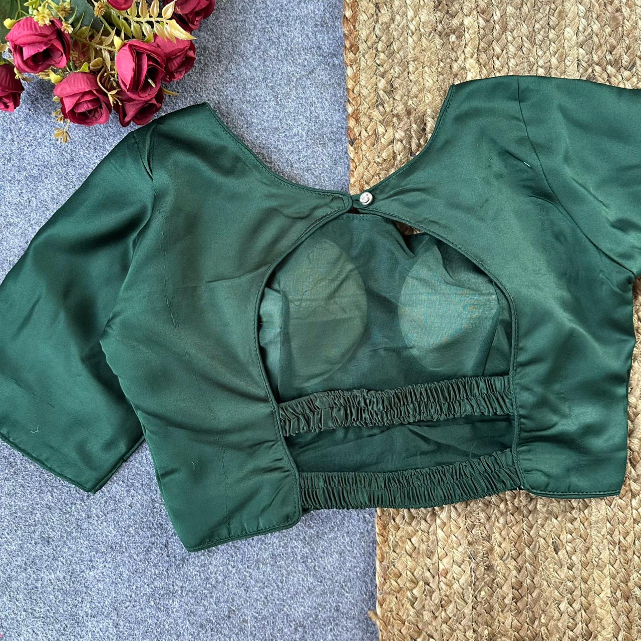 Pure Malai Satin Gathered Designer Blouse – Padded with Elastic Back | Free Size 38–42