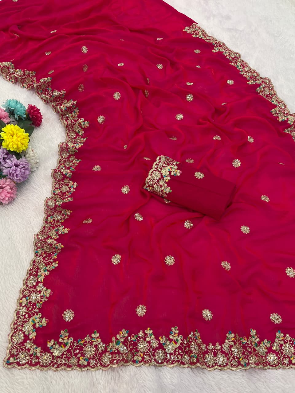 Rajwada Mor Embroidery Fendy Satin Saree with Heavy Sequence Border & Designer Blouse