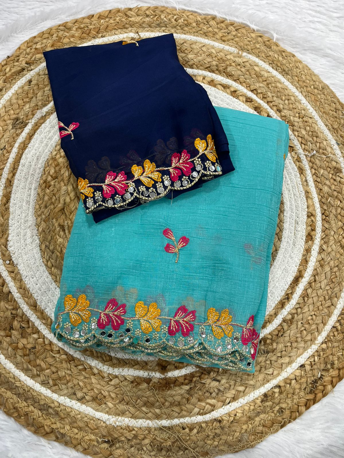 Premium Crunchy Chiffon Embroidered Mirror Work Party Wear Saree