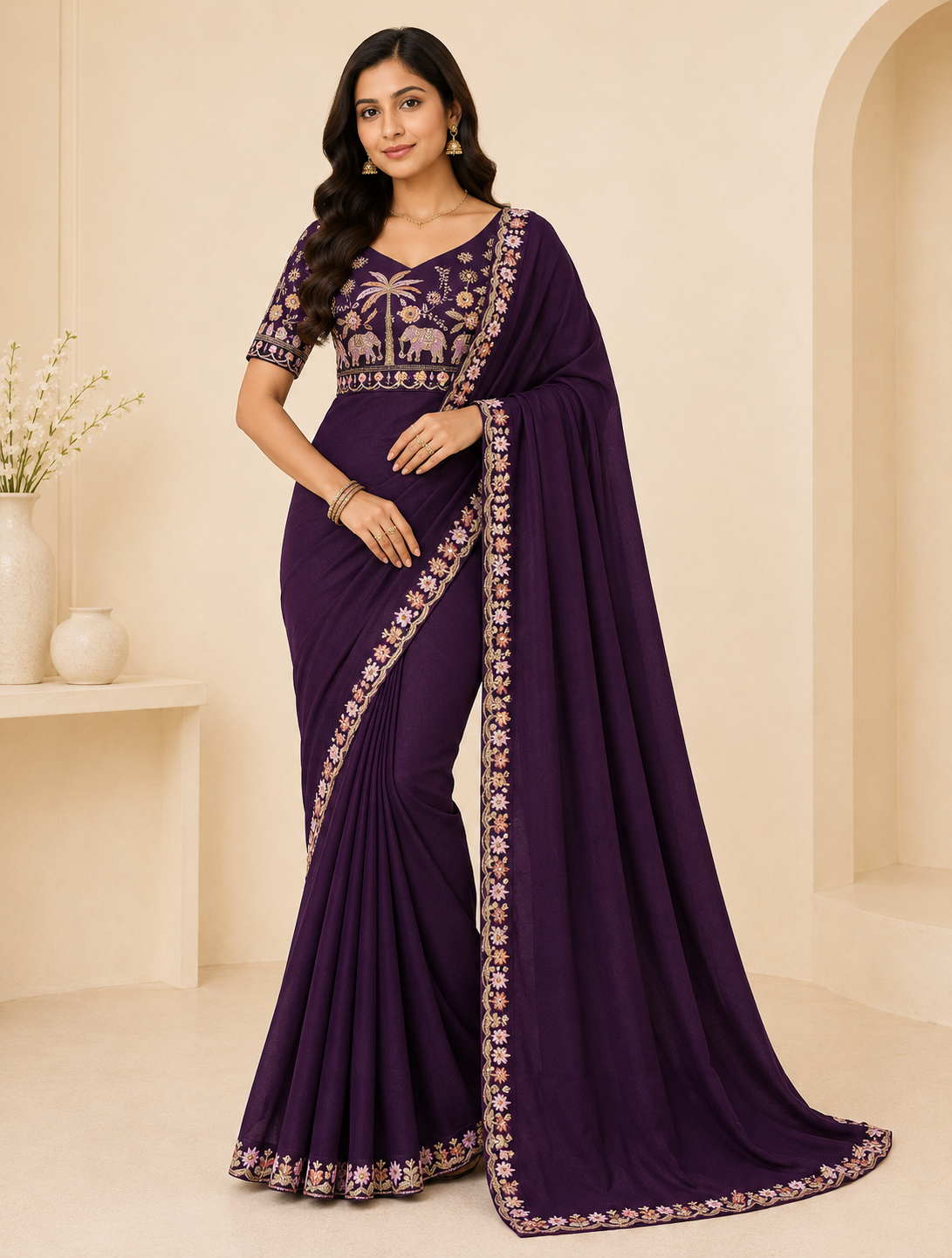 Royal Elephant Art Embroidered Saree with Designer Blouse