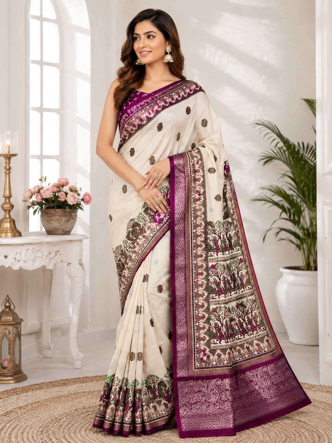 Women's Wine Dola Zari Saree with Kalash Motif, Traditional Woven Border & Unstitched Blouse
