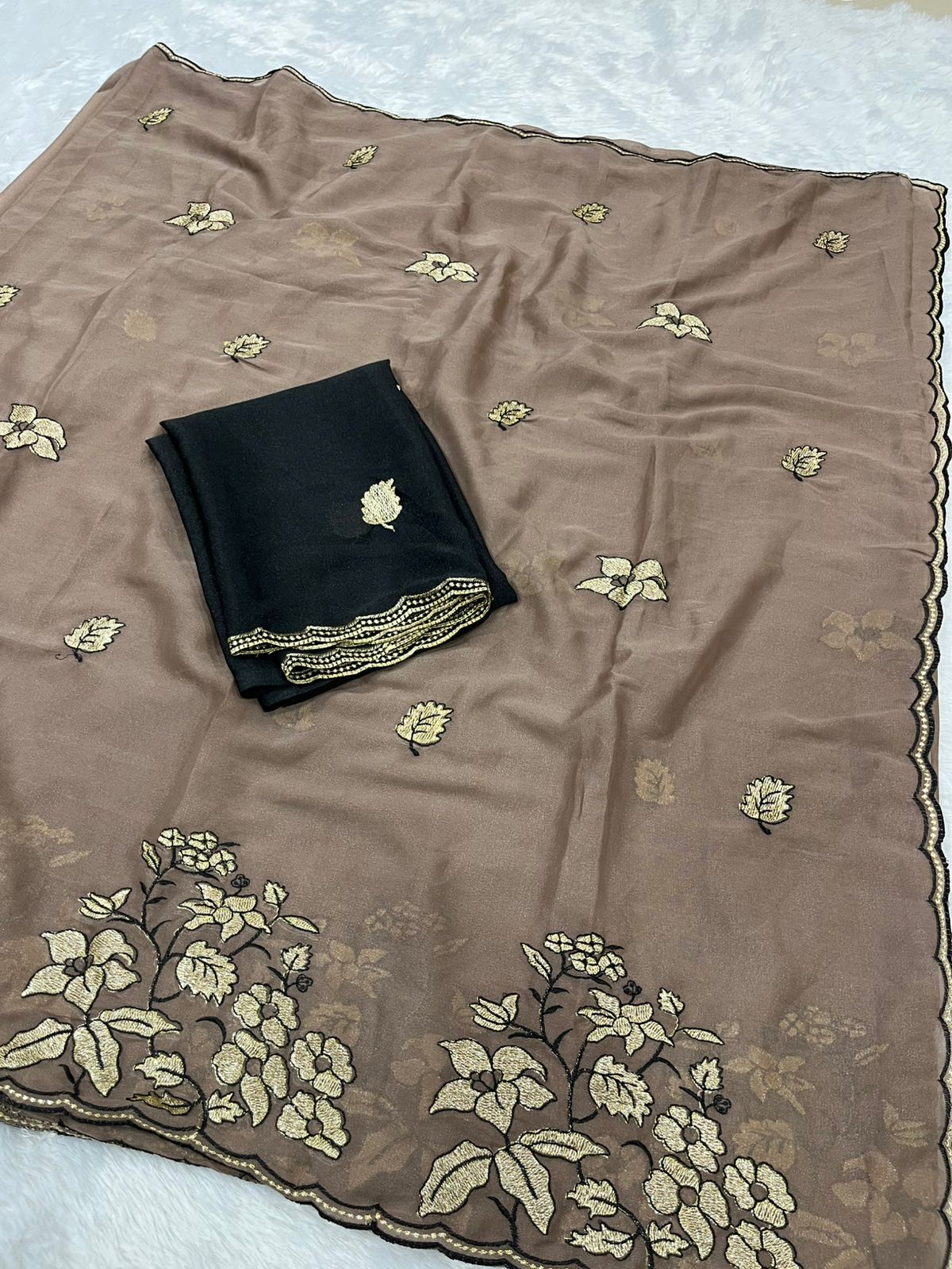 Women's Premium Star Galaxy Embroidered Saree with Designer Black Blouse