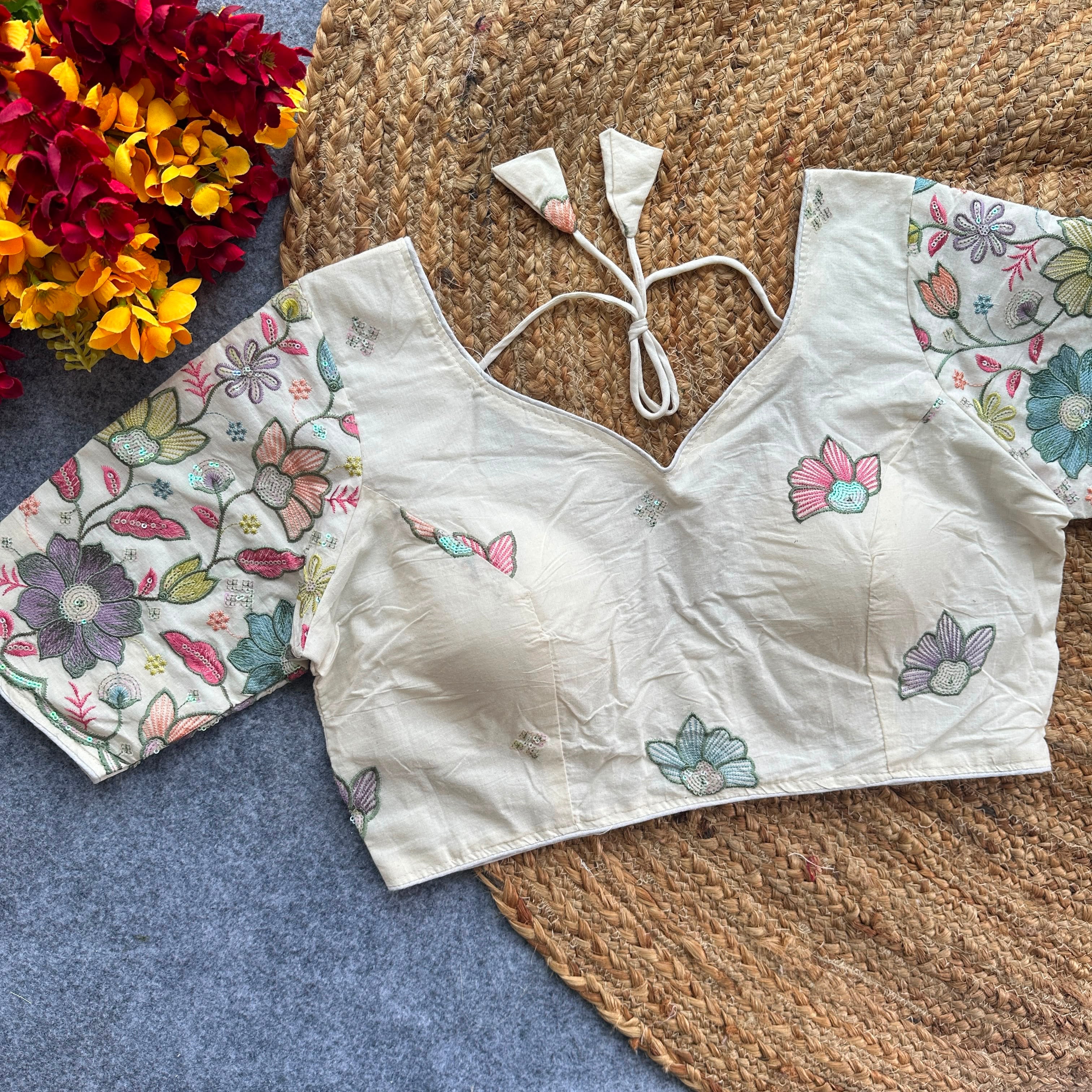 Pure Khadi Cotton Embroidered Partywear Blouse – Heavy Padded | Back Open | 38–42